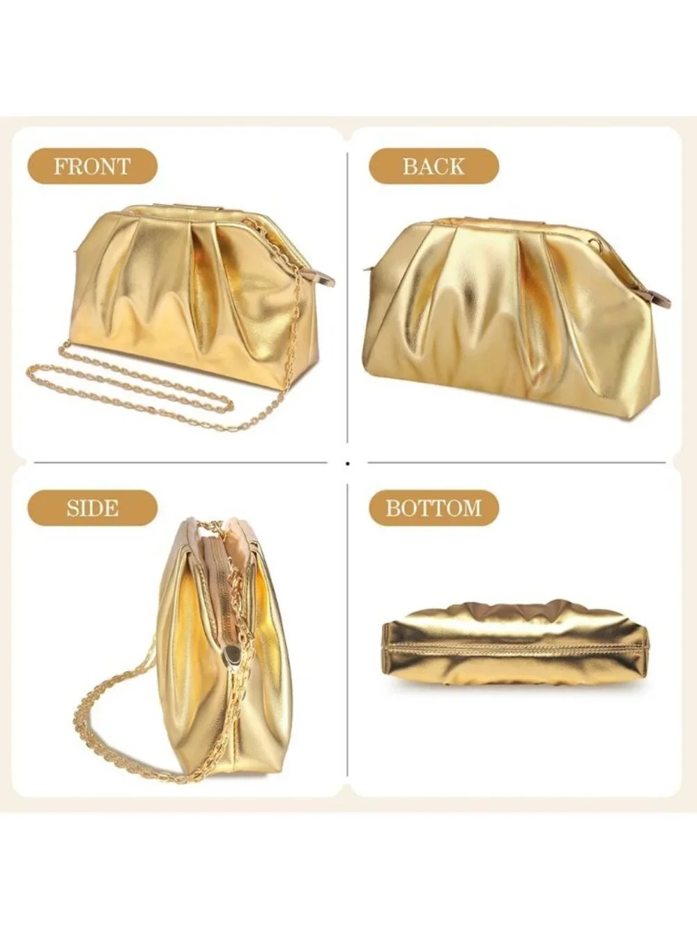 Women's Golden Soft Pleated Pu Clutch Purse Elegant Evening Wedding Bag